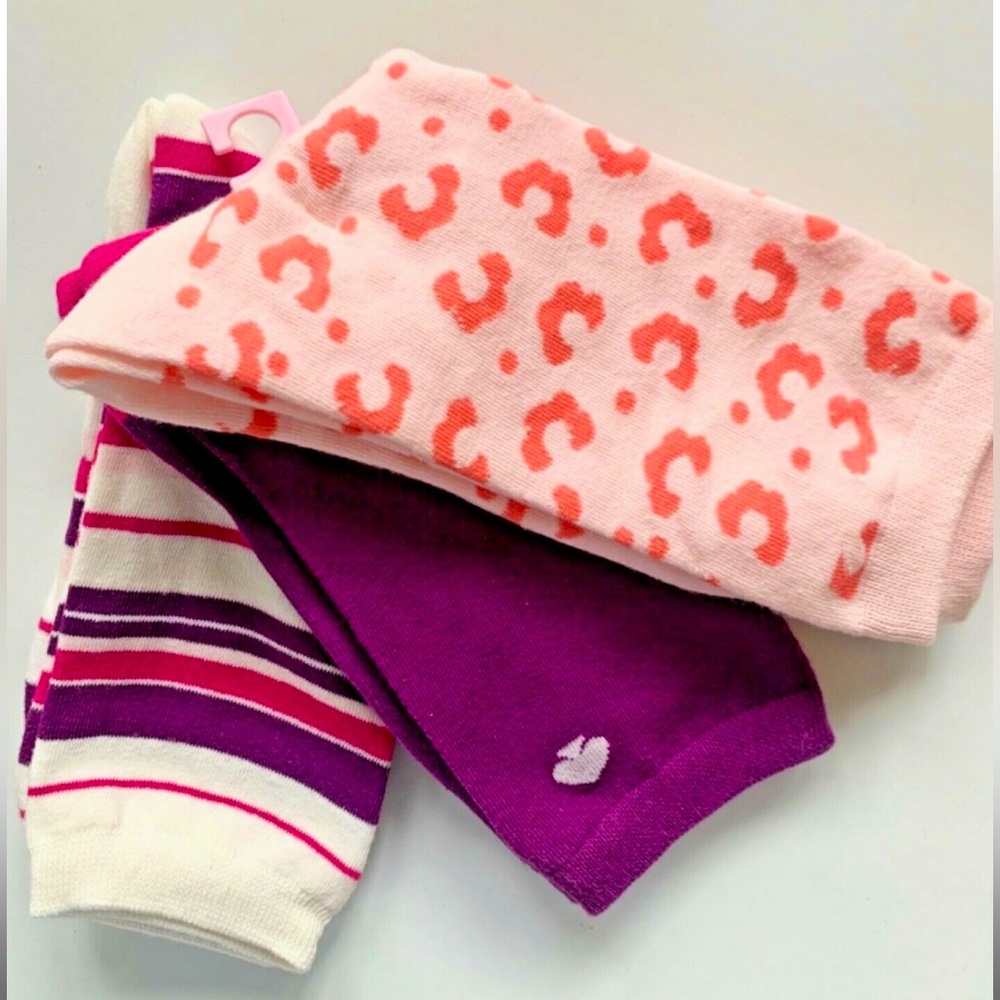 KATE SPADE Socks SET 3 Crew Stripe Cheetah Logo Pink Purple Cotton Blend NEW